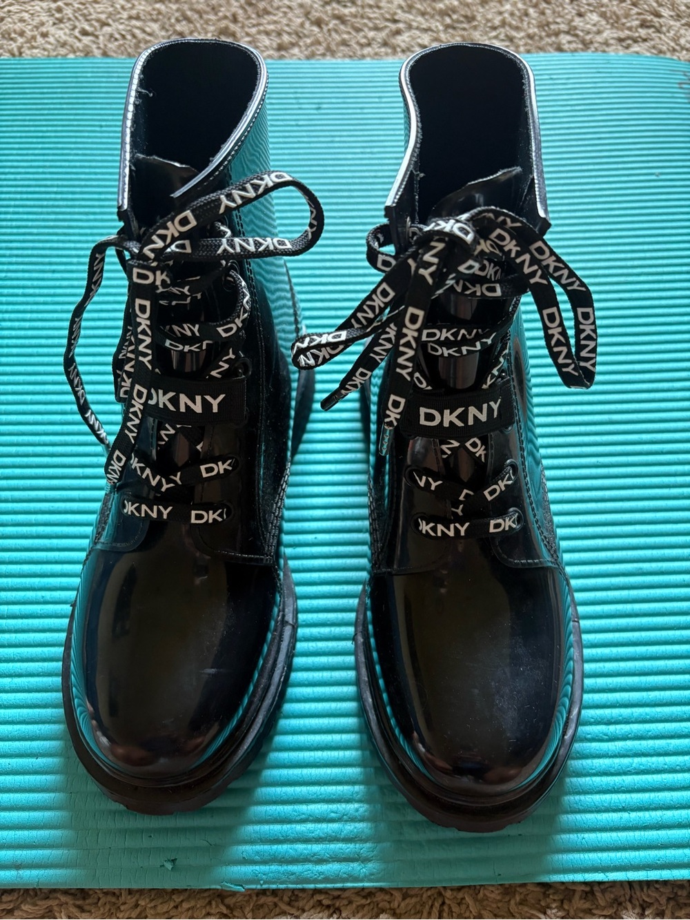 DKNY Black Patent Logo Lace-Up Combat Boots